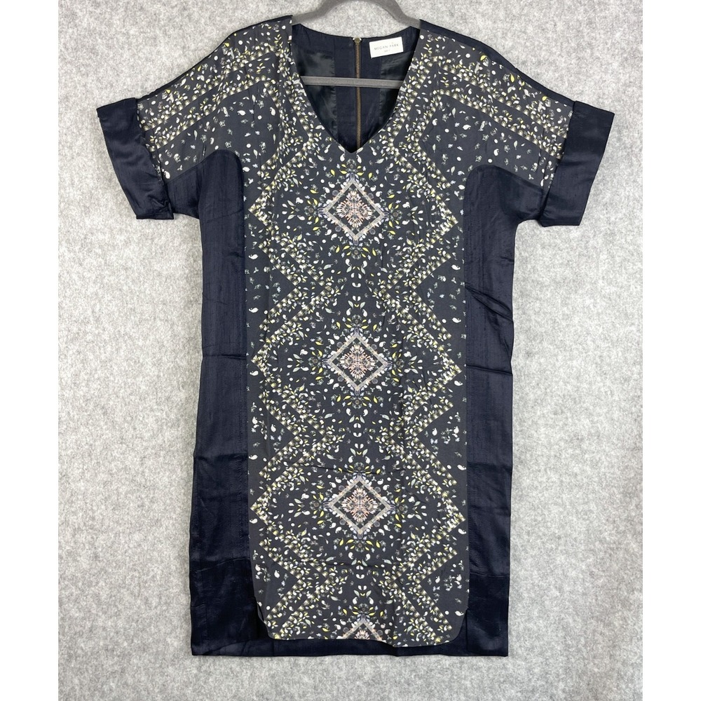 Megan Park Silk Shift Dress Womens Size 1 US 6 Blue Floral Paneled Classic Artsy